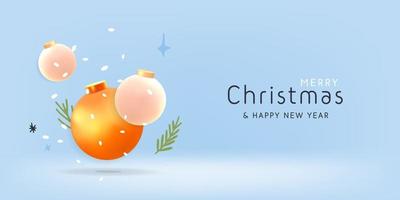 Merry Christmas and happy new year 2023 banner with 3d vector realistic render decoration balls or bauble flying with pine tree brunches and confetti design banner