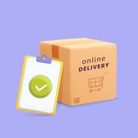 3d vector paper cardboard parcel box and delivery service  clipboard with check mark tick symbol design