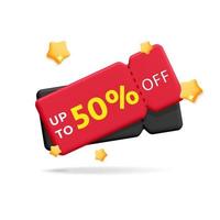 3d vector realistic render red and black discount coupon with 50 percentage sign sale and flying stars design element