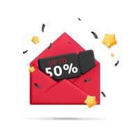 3d vector realistic render Black Friday discount voucher invitation sales tag in envelope with stars and confetti design banner