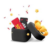 3d vector realista render negro abierto sorpresa caja de regalo de compras con boleto de cupón de descuento rojo dentro con estrellas voladoras y diseño de confeti