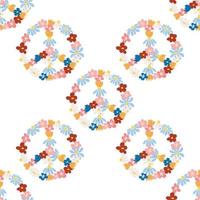 Peace symbol floral retro 70s seamless pattern. Clockwork design in the style of the seventies. vector