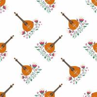 Portuguese guitar seamless pattern with flowers, typical azulejo tiles. Music and musical traditions vector