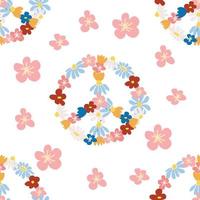 Peace symbol floral retro 70s seamless pattern. Clockwork design in the style of the seventies. vector