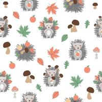 Cute seamless pattern with hedgehog, mushrooms and trees. Hand drawn vector