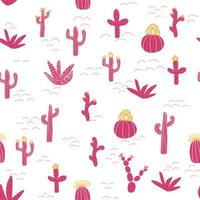 Seamless patterns with different cacti. Bright repeating texture with pink cacti. Background with desert plants. vector