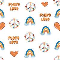 amor corazón, símbolo de paz, arco iris retro 70s patrón sin costuras. Formas de corazón dispersas sobre un fondo giratorio. vector