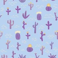 patrones sin fisuras con diferentes cactus. textura repetitiva vibrante con cactus morados. fondo con plantas del desierto. vector