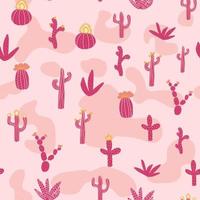 Seamless patterns with different cacti. Bright repeating texture with pink cacti. Background with desert plants. vector