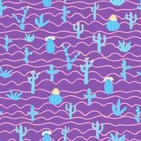 Seamless patterns with different cacti. Bright repeating texture with blue cacti. Background with desert plants. vector