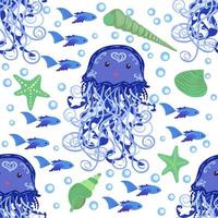 Seamless pattern with detailed transparent jellyfish. Childish seamless pattern with cute hand drawn fishes and jellyfishes in doodle style. Trendy nursery background vector