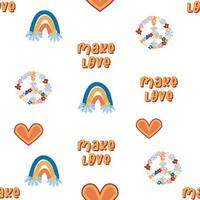 Love heart, peace symbol, rainbow retro 70s seamless pattern. Scattered heart shapes on a swirling background. vector