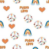 Love heart, peace symbol, rainbow retro 70s seamless pattern. Scattered heart shapes on a swirling background. vector