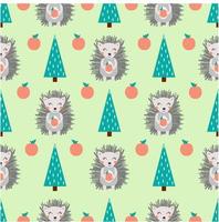 Cute seamless pattern with hedgehog, mushrooms and trees. Hand drawn vector