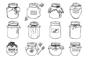 Hand drawn jar of jam and honey clipart. Healthy natural organic product doodle set. vector