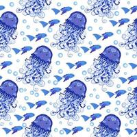 Seamless pattern with detailed transparent jellyfish. Childish seamless pattern with cute hand drawn fishes and jellyfishes in doodle style. Trendy nursery background vector