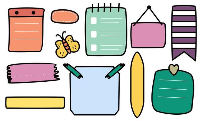Cute bullet journal notes paper and ornament collection set in colorful style