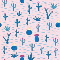 Seamless patterns with different cacti. Bright repeating texture with blue cacti. Background with desert plants. vector