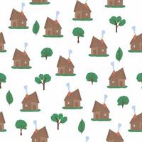 Wooden house in the forest seamless pattern. Scene with deciduous trees, fir trees and a Russian hut vector