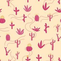 Seamless patterns with different cacti. Bright repeating texture with pink cacti. Background with desert plants. vector