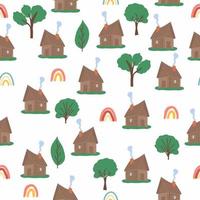 Wooden house in the forest seamless pattern. Scene with deciduous trees, fir trees and a Russian hut vector