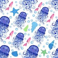 Seamless pattern with detailed transparent jellyfish. Childish seamless pattern with cute hand drawn fishes and jellyfishes in doodle style. Trendy nursery background vector