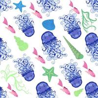 Seamless pattern with detailed transparent jellyfish. Childish seamless pattern with cute hand drawn fishes and jellyfishes in doodle style. Trendy nursery background vector