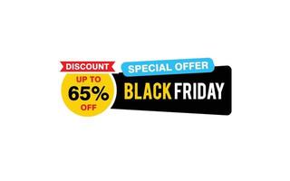 Oferta de viernes negro de 65 por ciento de descuento, liquidación, diseño de banner de promoción con estilo de etiqueta. vector