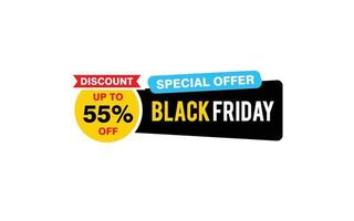 Oferta de viernes negro de 55 por ciento de descuento, liquidación, diseño de banner de promoción con estilo de etiqueta. vector