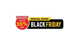 Oferta de viernes negro de 55 por ciento de descuento, liquidación, diseño de banner de promoción con estilo de etiqueta. vector