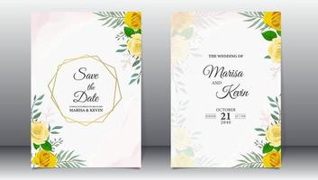 Elegant yellow floral wedding invitation template with watercolor background vector