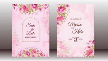 Elegant pink floral wedding invitation template with watercolor background vector