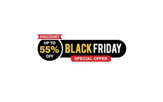 Oferta de viernes negro de 55 por ciento de descuento, liquidación, diseño de banner de promoción con estilo de etiqueta. vector