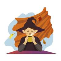 Asian teenage girl in a witch costume holds a hot drink in her hands from which steam is coming, against the background of a fluttering curtain and autumn leaves fly vector