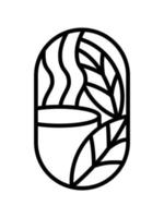 hojas de árbol de té vectorial y taza para cafe eco logo diseño de planta orgánica día internacional del té emblema redondo estilo lineal. icono abstracto vintage para productos naturales cosméticos, conceptos ecológicos, salud vector