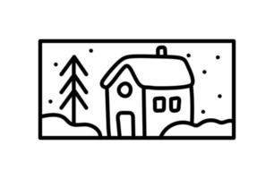 Christmas advent composition house and fir tree in snow. Hand drawn winter holiday vector constructor logo in rectangle frame for greeting card, web design