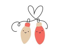 Line hand drawn two cute happy lover balls garland toy couple for tree and heart. Merry xmas and Happy New Year contour isolated illustration for the celebration of winter holidays vector