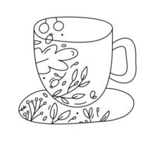Hand drawn vector Christmas line cup with line berries, branches texture. Xmas advent icon outline illustration for greeting card baby, web design, invitation