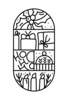 logotipo de navidad composición de adviento nieve, cajas de regalo, sombrero, bayas de acebo y velas. constructor de vector de invierno dibujado a mano en dos marcos semicirculares y rectángulos para tarjeta de felicitación