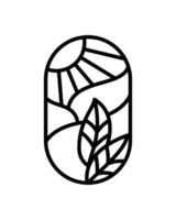 hojas de árbol de té vectorial y sol para café o etiqueta de producto agrícola logotipo ecológico diseño de planta orgánica. estilo lineal de emblema redondo. icono abstracto vintage para el diseño de productos naturales cosméticos, salud ecológica vector