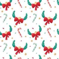 Seamless pattern of Christmas isolated icons on a white background. Winter holiday symbols. Candy cane and leaf wreath with a bow vector