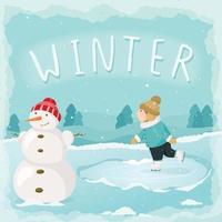 Vector cartoon winter illustration. Winter, drifts, snowfall. The boy is skating, there is a snowman. Winter fun on New Year's Eve or Christmas Eve. Banner with the inscription winter.