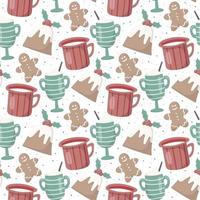 Vector seamless christmas pattern. Cozy warm atmosphere. Cups and mugs with warm drinks like tea, coffee or cocoa. Delicious holly muffins and gingerbread. Decoration for background or wrapping paper.