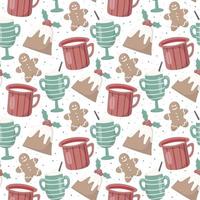 Vector seamless christmas pattern. Cozy warm atmosphere. Cups and mugs with warm drinks like tea, coffee or cocoa. Delicious holly muffins and gingerbread. Decoration for background or wrapping paper.