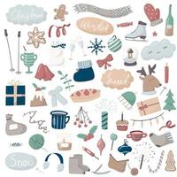Set of vector doodle icons. Cartoon winter and Christmas pictures. All objects are isolated. Cute multicolored objects and lettering. Background and greeting card decoration.