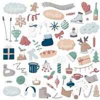 Set of vector doodle icons. Cartoon winter and Christmas pictures. All objects are isolated. Cute multicolored objects and lettering. Background and greeting card decoration.