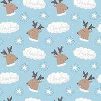 Vector seamless christmas pattern. Reindeer and the inscription Christmas in the cloud on a blue background. Children cute decoration for background or wrapping paper.