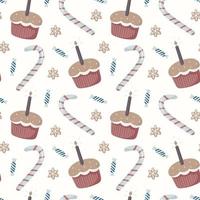 Vector seamless pattern. Winter kids theme, sweets, funny cartoon cupcakes with candles, candy canes and wrapped candies. The background is suitable for decoration and wrapping paper.