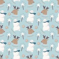 Vector seamless pattern. Winter childrens theme, funny cartoon snowmen and deer. Decorated with sparkling stars and cookies. The blue background is suitable for decoration and wrapping paper.