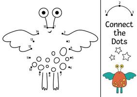 Vector space dot-to-dot and color activity with cute alien. Astronomy connect the dots game for children. Funny math coloring page for kids with kawaii UFO